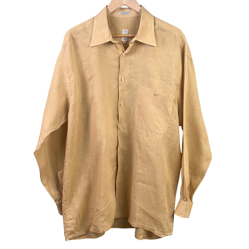 VTG Burma Bibas Butterscotch Long Sleeve LINEN Summer Camp Shirt Large‎